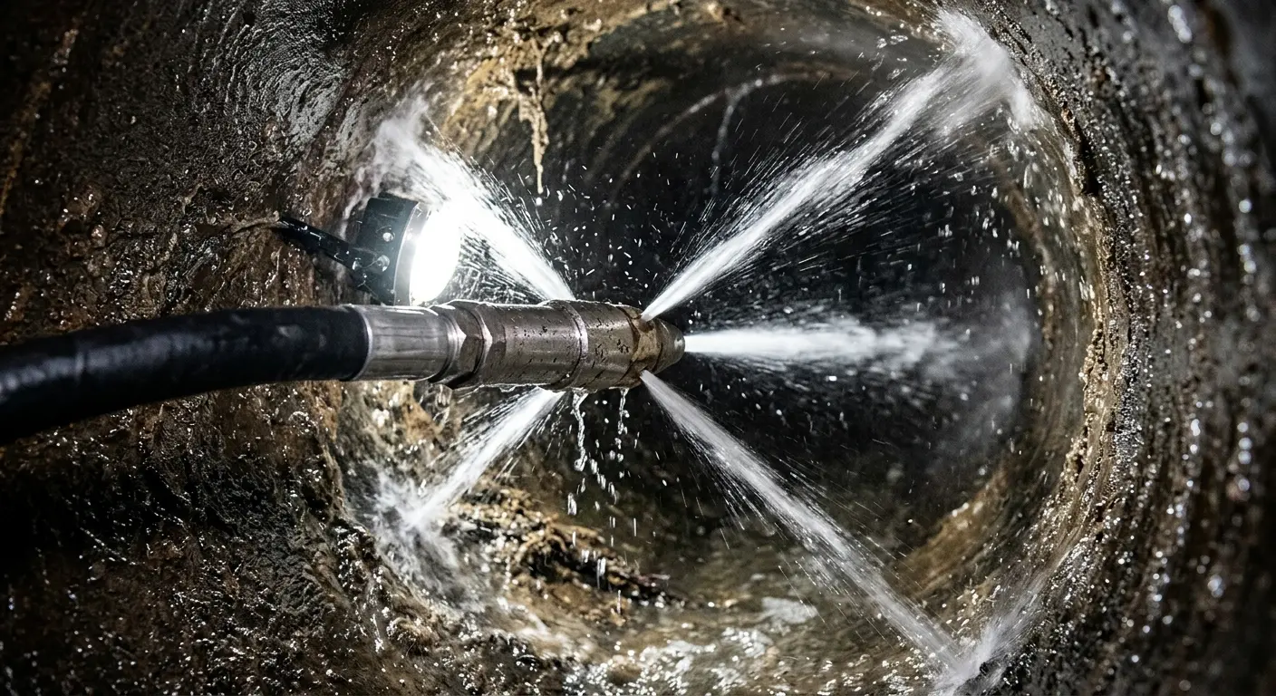 High-pressure hydro jetting nozzle cleaning sewer pipe for Sewer Cleanout in Ferguson