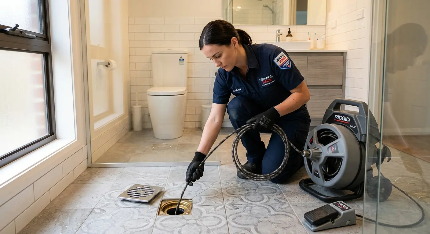 Technician clearing a bathroom floor drain for Hydro Jetting in Ferguson